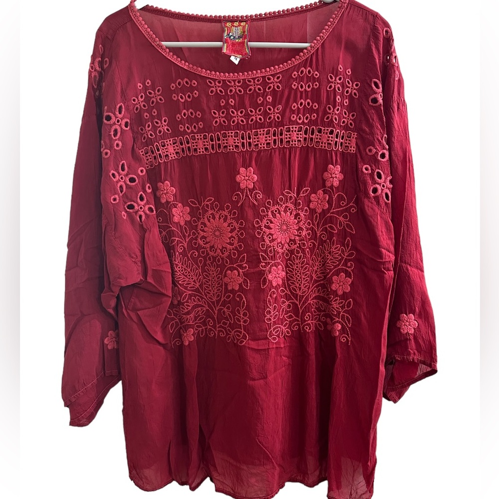Johnny Was Burgundy Wine Women’s Top Medium‎ 3/4 Sleeves Embroidered Floral VGC